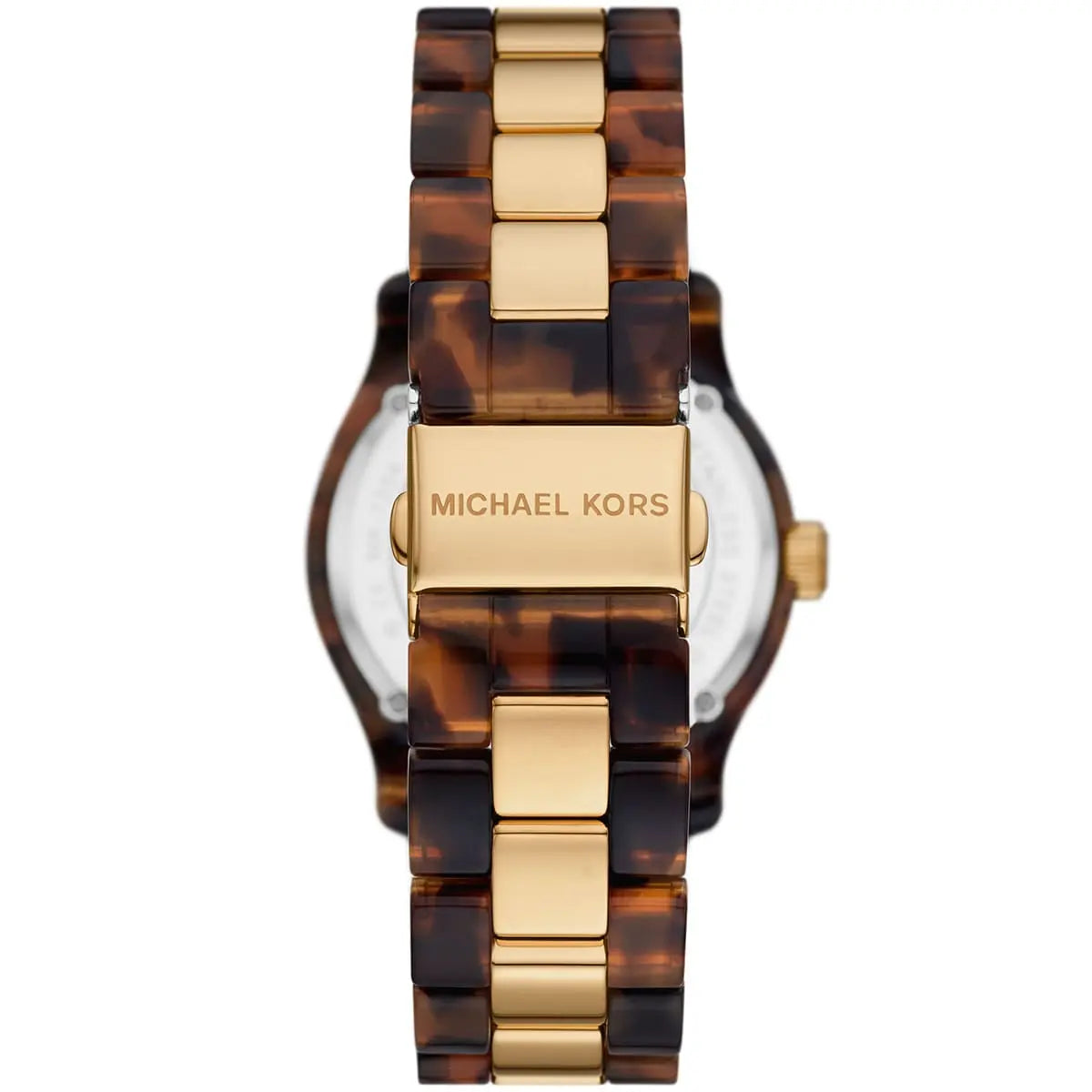 Michael Kors Runway women's watch at angle showing tortoiseshell and gold-tone strap design