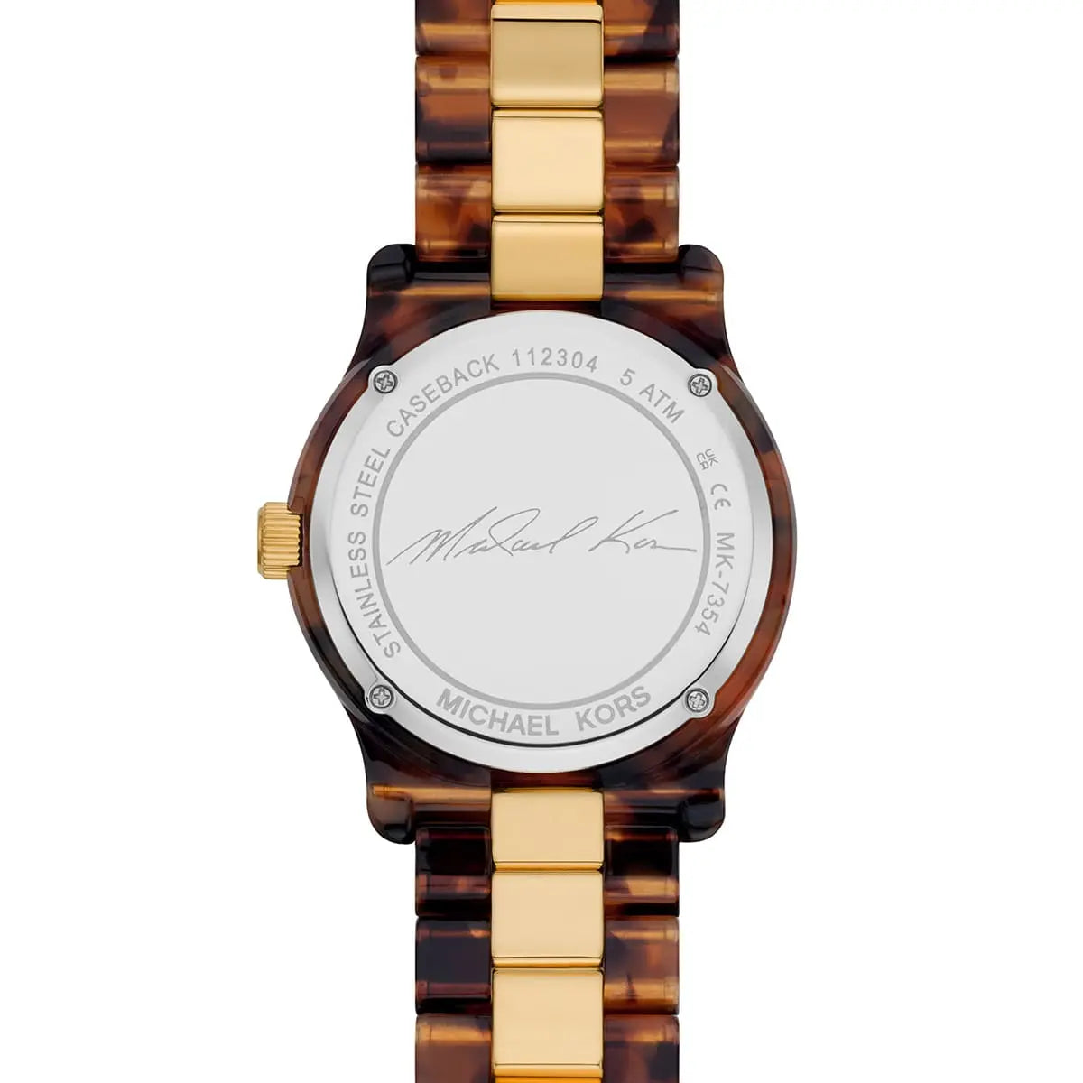 Michael Kors Runway watch caseback showing MK logo and model MK7354 engraving