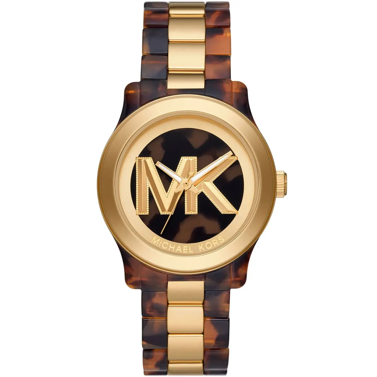 Michael Kors Runway quartz watch with MK logo, gold case, brown dial, tortoiseshell strap