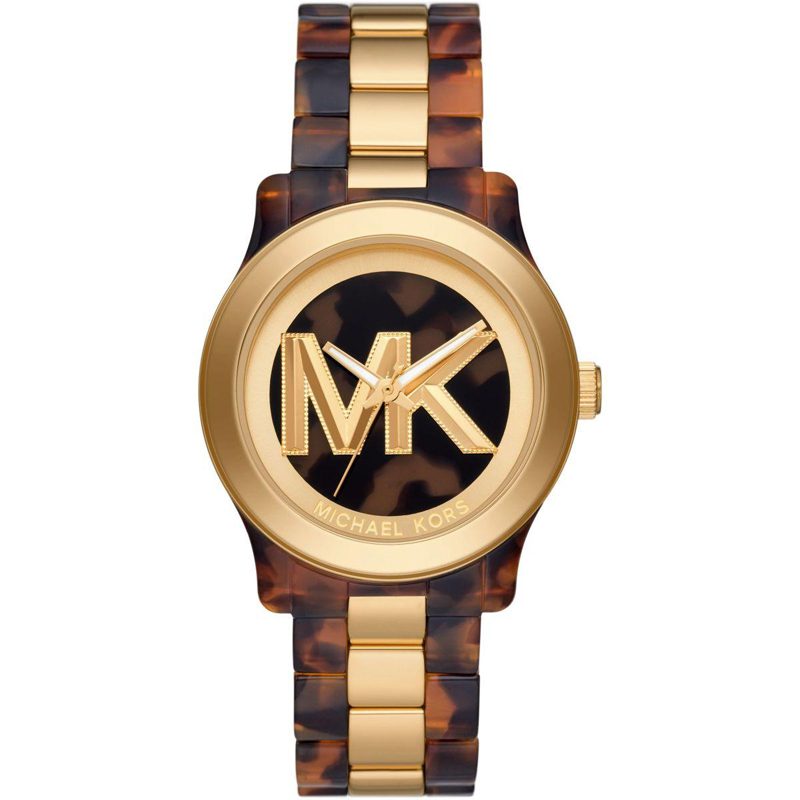 Michael Kors Runway women's watch with gold-tone case, brown dial, and tortoiseshell acrylic strap