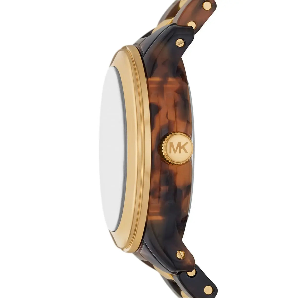 Michael Kors Runway watch side profile showing tortoiseshell and gold-tone strap and case