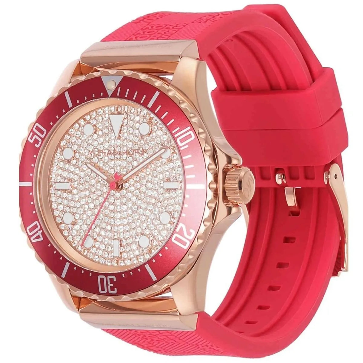 Michael Kors Everest watch three-quarter view showing crystal dial and pink silicone strap