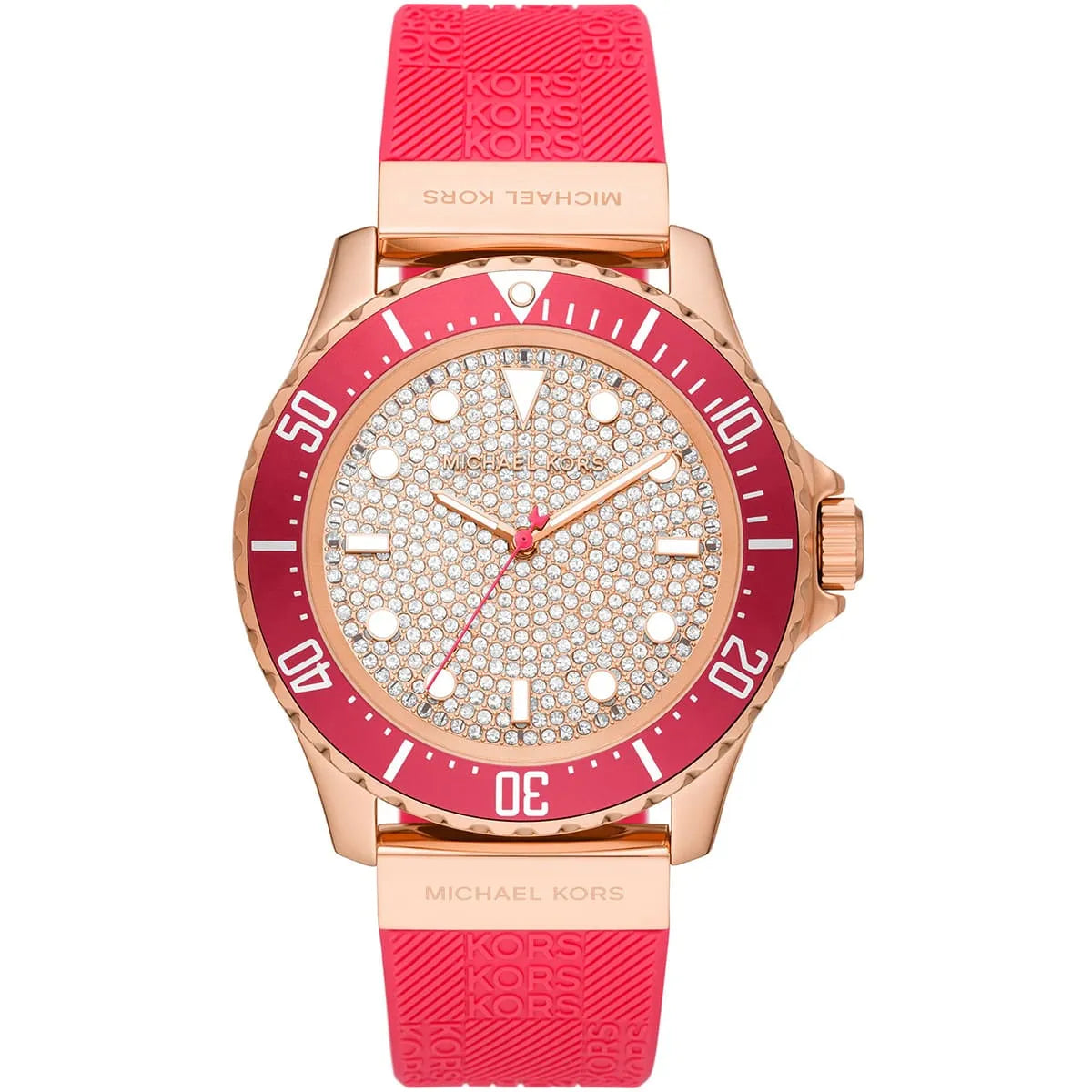 Michael Kors Everest women's watch with crystal-set dial, rose gold case, burgundy bezel, and pink silicone strap