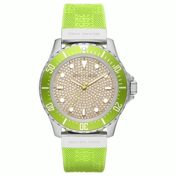 Michael Kors Everest women's watch with crystal-set silver dial, green bezel and green silicone strap