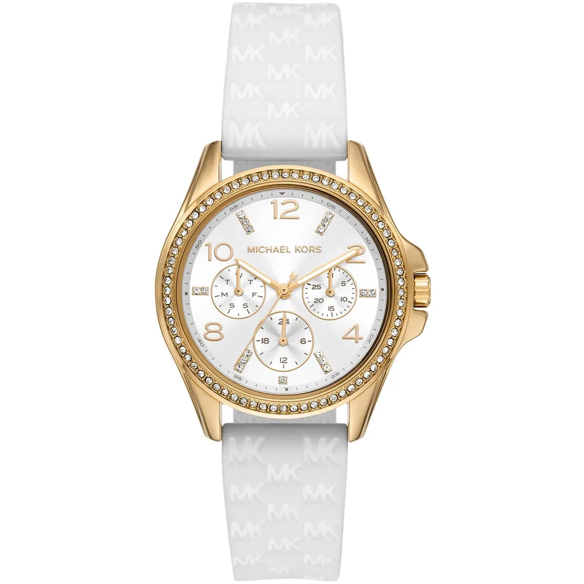 Michael Kors Mini Pilot Pavé gold-tone watch with white dial, three subdials, and white silicone strap