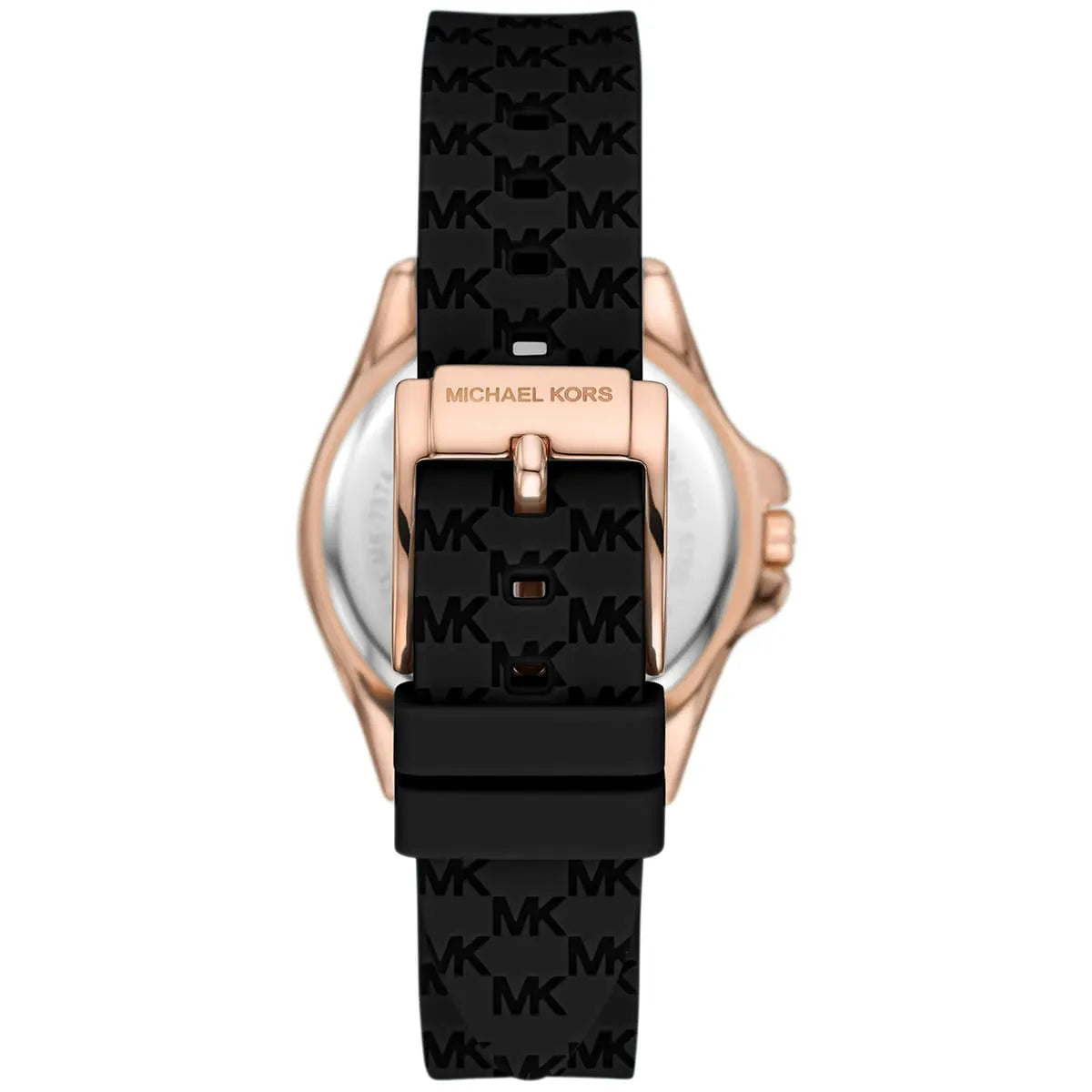 Watch caseback showing rose gold case with Michael Kors branding and black silicone strap