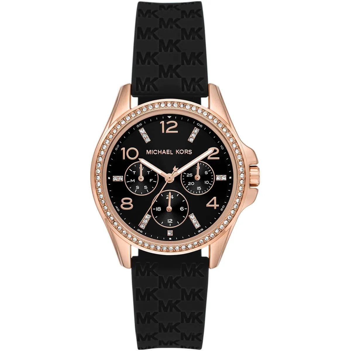Michael Kors Mini Pilot rose gold watch with black dial, pavé crystal bezel, and black silicone strap