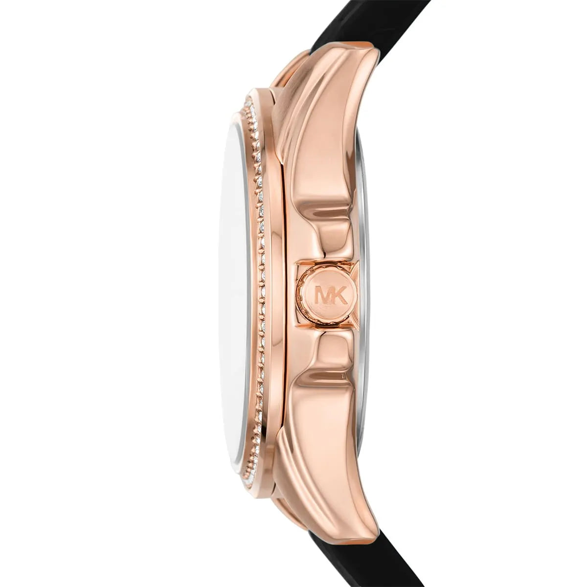 Side profile of rose gold case with pavé crystal bezel and black silicone strap