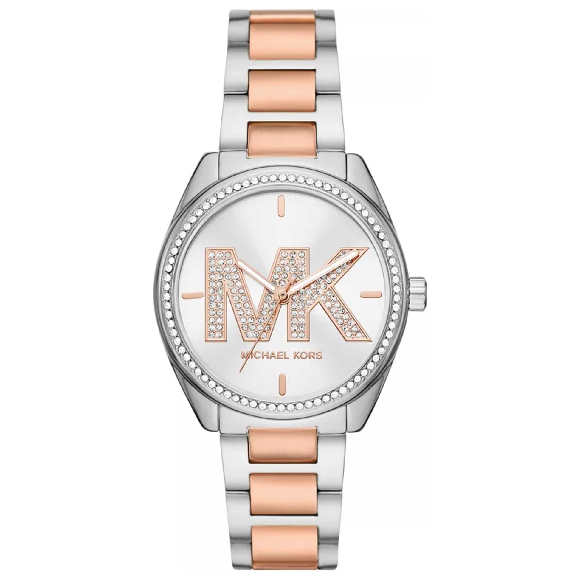 Michael Kors Janelle silver dial two-tone steel and rose gold strap women's watch with crystal bezel