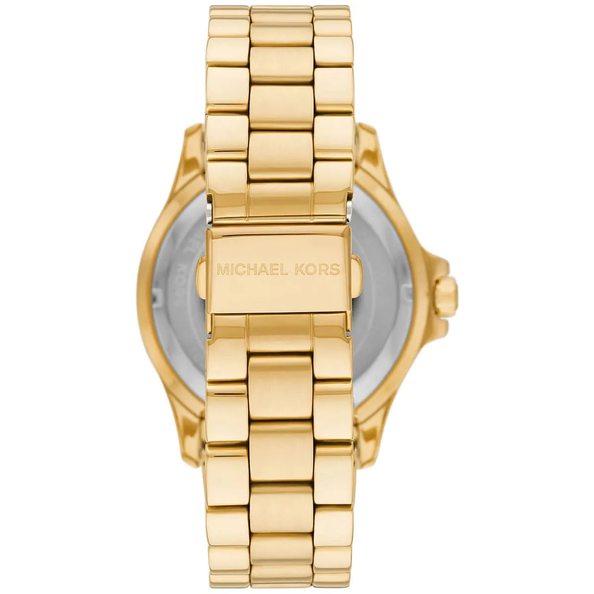 Caseback of Michael Kors Everest women's watch showing gold-tone stainless steel bracelet and Michael Kors branding