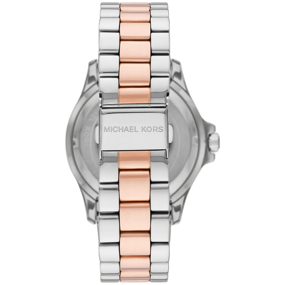 Michael Kors Everest caseback showing silver stainless steel case with two-tone bracelet attachment