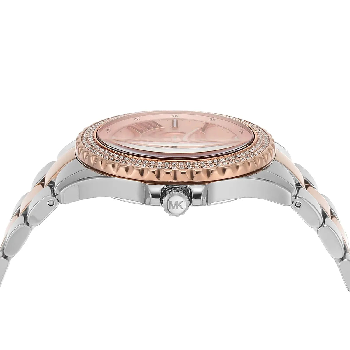 Michael Kors Everest dial detail showing rose gold face with Roman numerals and small seconds subdial