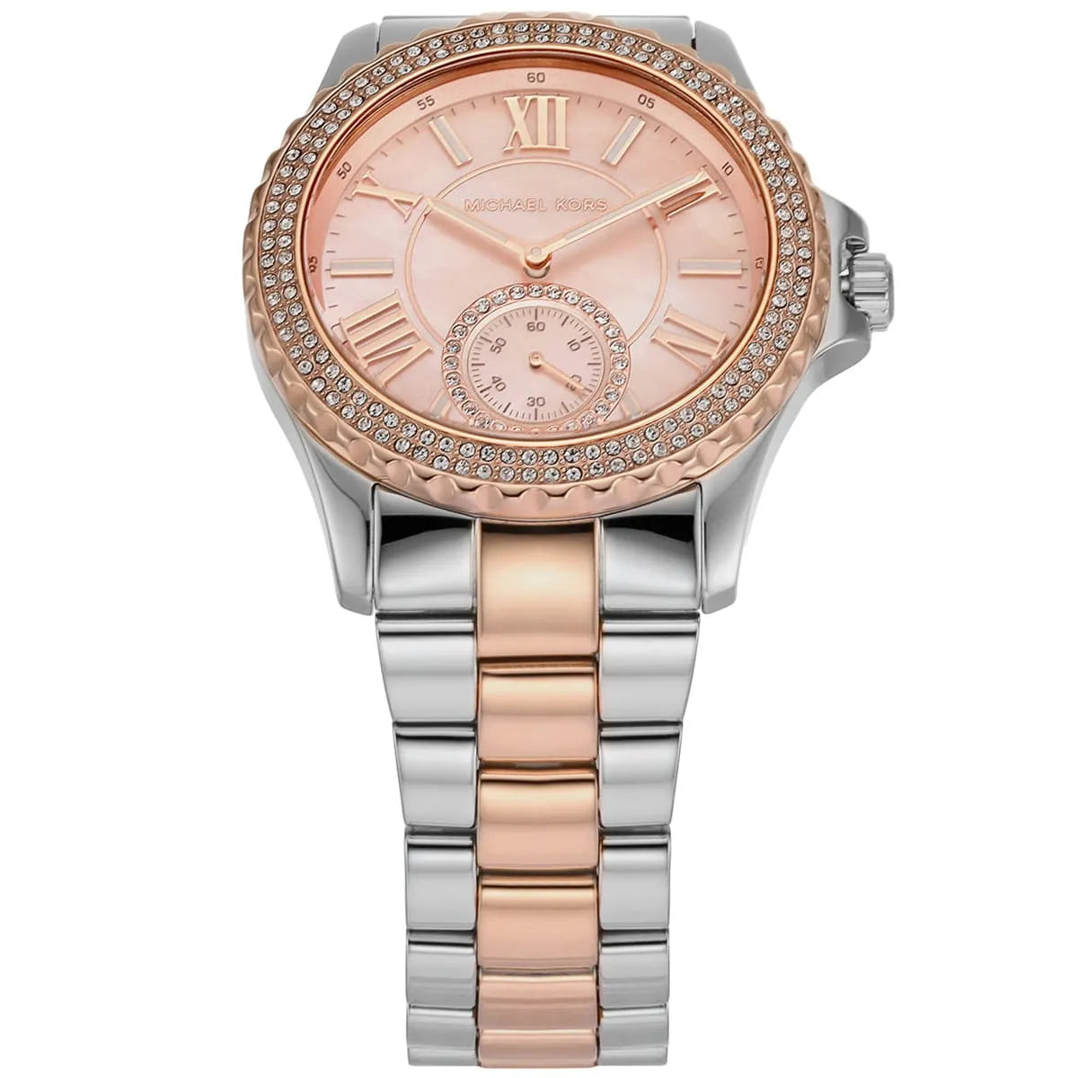 Michael Kors Everest women's watch showing full rose gold case with crystal-set bezel and rose gold dial