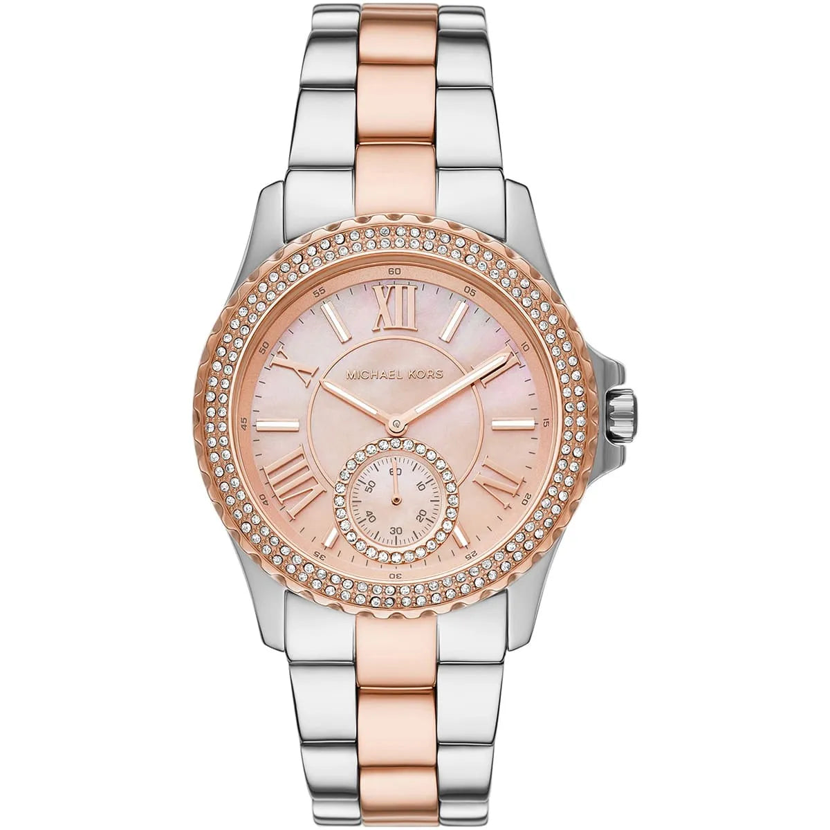 Michael Kors Everest watch featuring rose gold dial, Roman numerals, small seconds subdial, crystal bezel