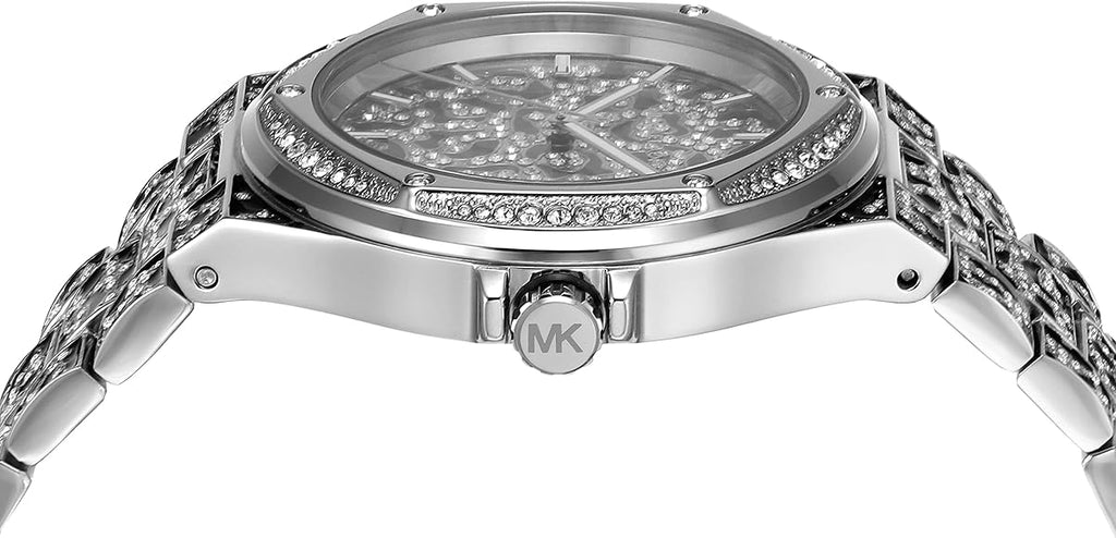 Michael Kors Lennox Pavé watch side view showing bezel and stainless steel case