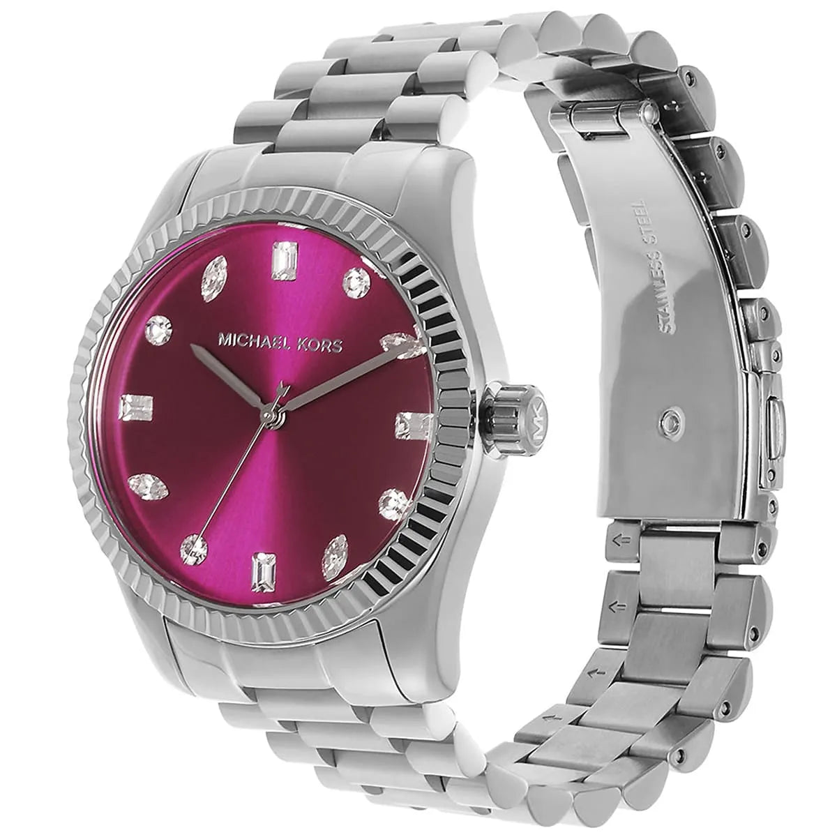 Michael Kors Lexington watch angled view showing pink dial with crystal markers and metal bracelet