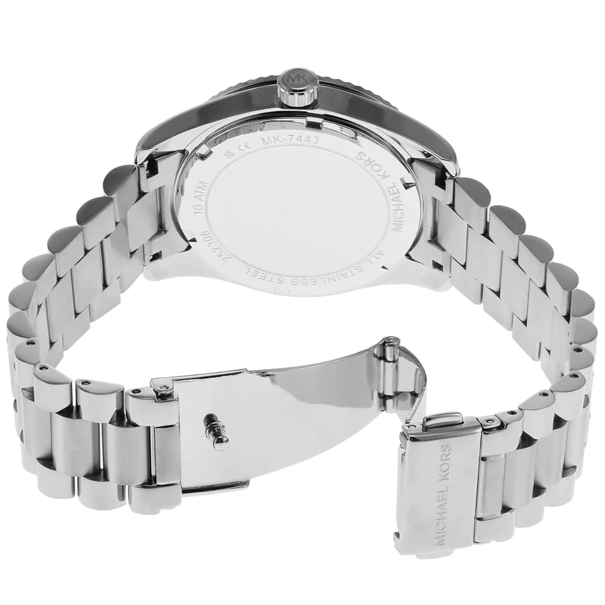 Case back of Michael Kors Lexington MK7443 showing stainless steel bracelet clasp