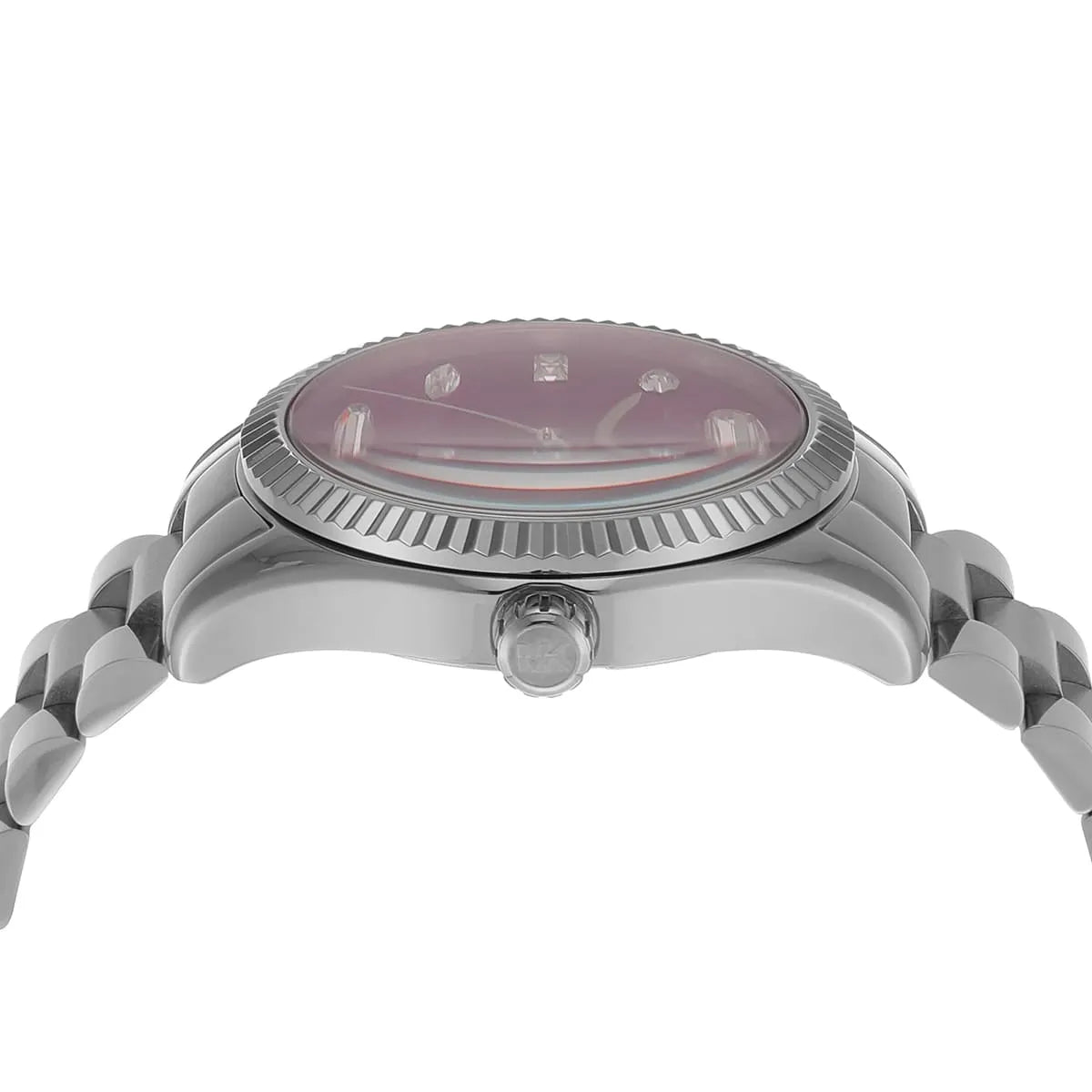 Close-up detail of Lexington MK7443 dial showing pink face with crystal pavé hour markers