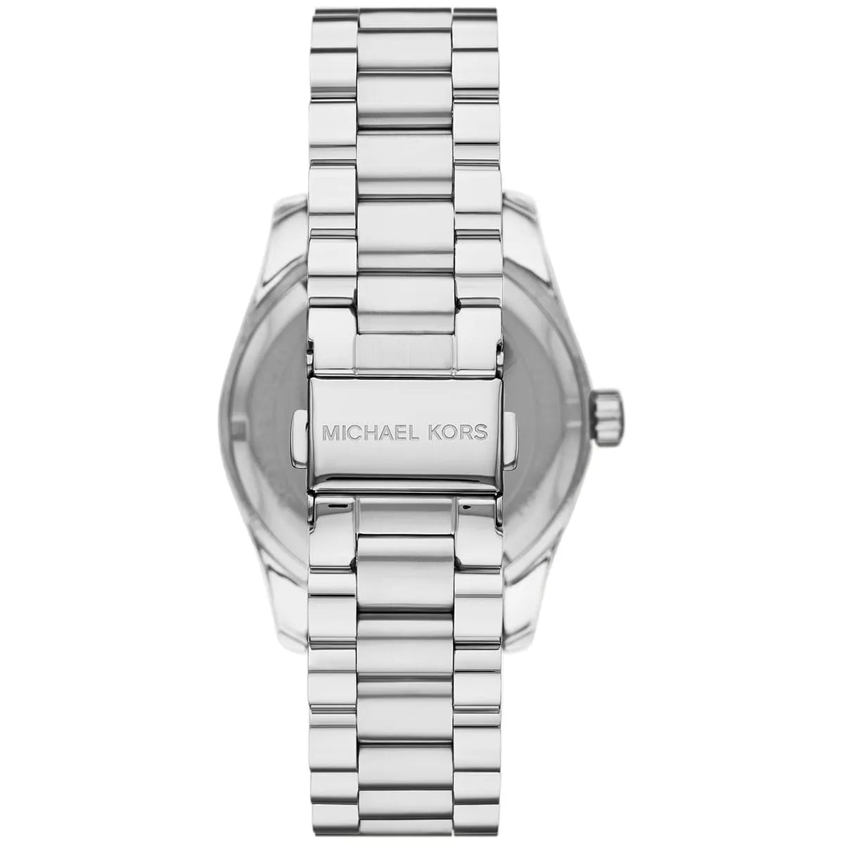 Side profile of Michael Kors Lexington watch with stainless steel bracelet and crown