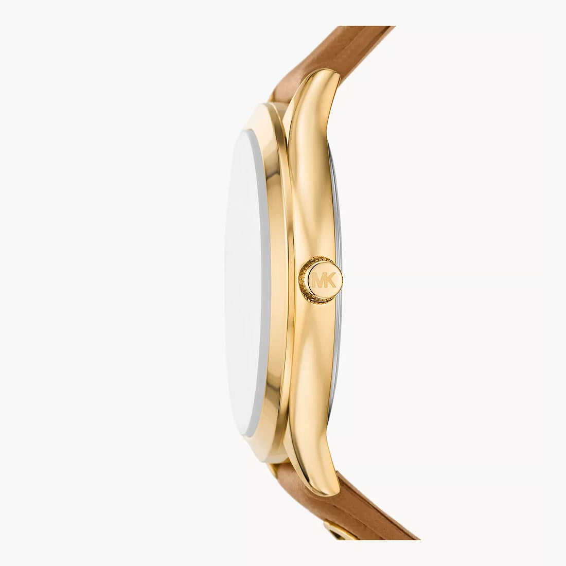 Side view of Michael Kors Slim Runway watch showing gold-tone case profile and brown leather strap