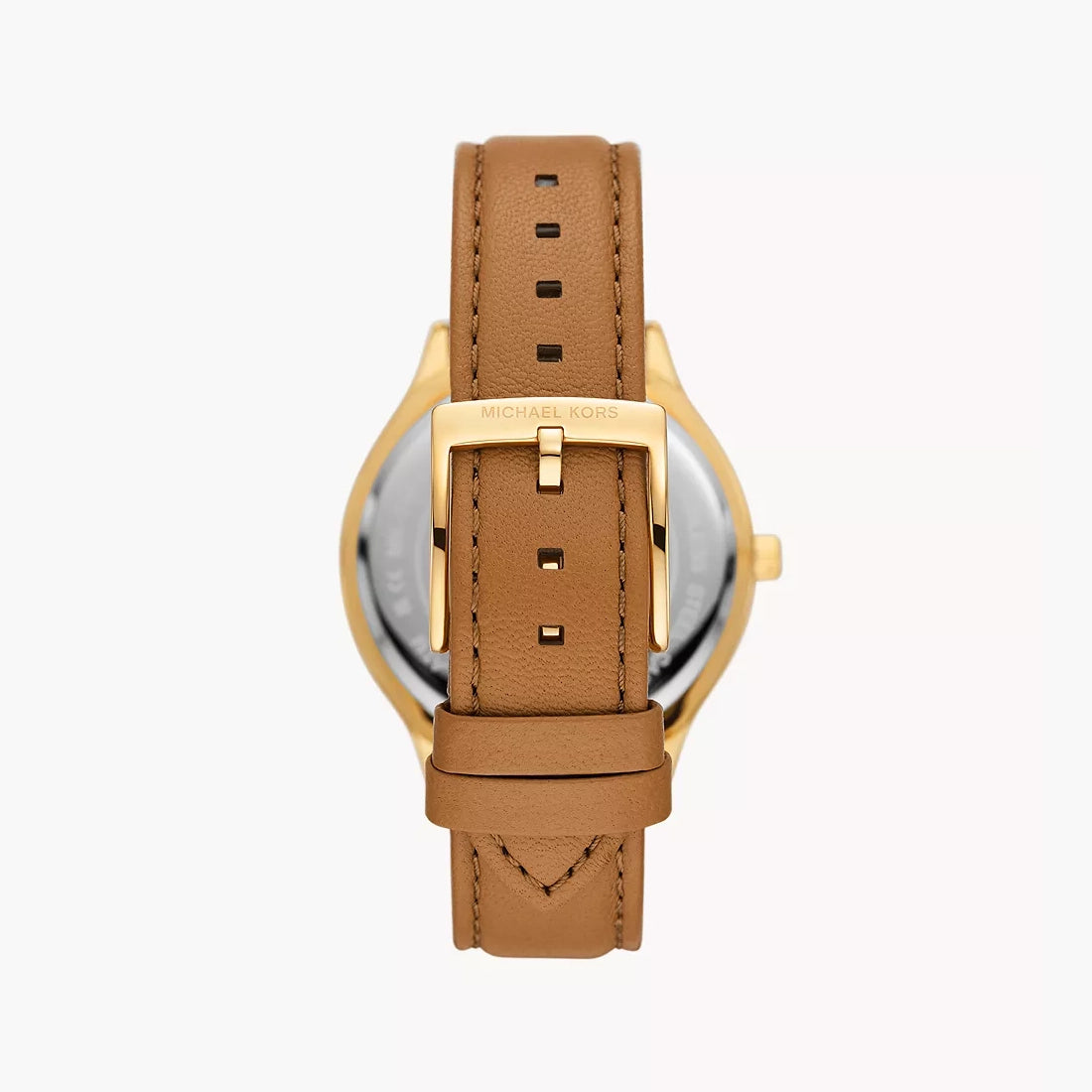 Back view of Michael Kors Slim Runway watch with brown leather strap and gold buckle