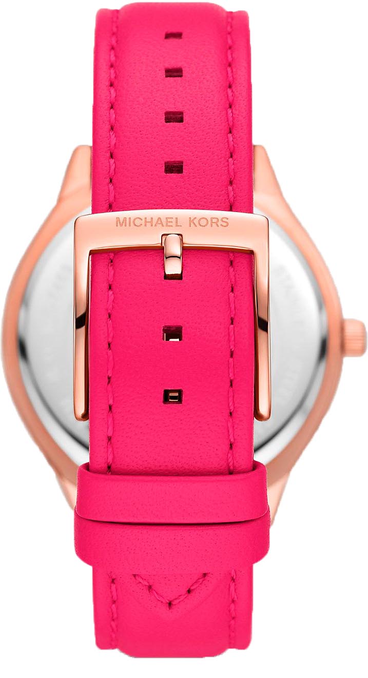 MK7469 Slim Runway watch back view with rose gold case and pink leather strap with buckle