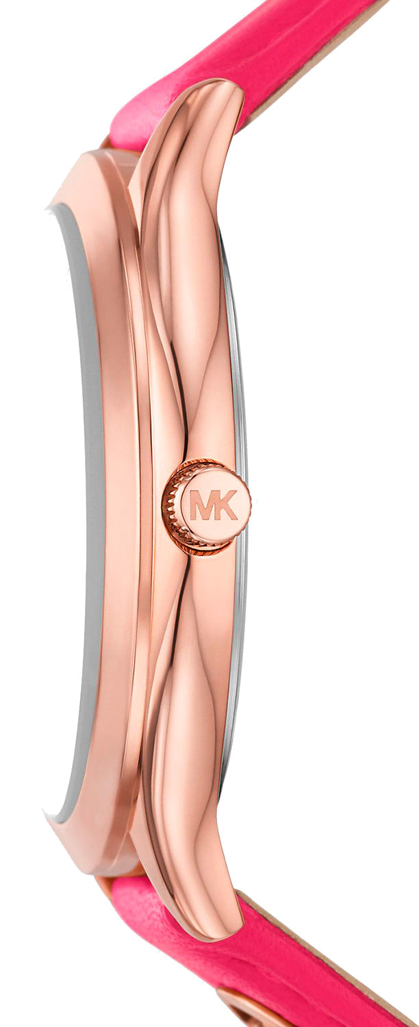 MK7469 Slim Runway watch side view showing rose gold case and pink leather strap