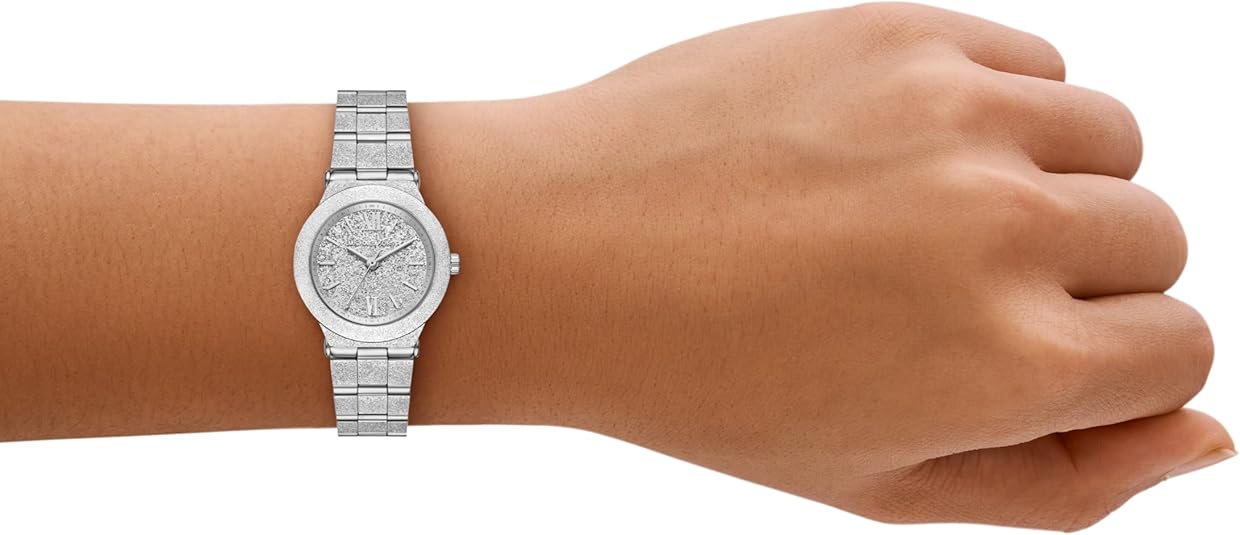 Michael Kors Billie stainless steel watch on wrist showing full bracelet and dial