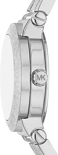 Michael Kors Billie watch side profile with MK charm and stainless steel bracelet