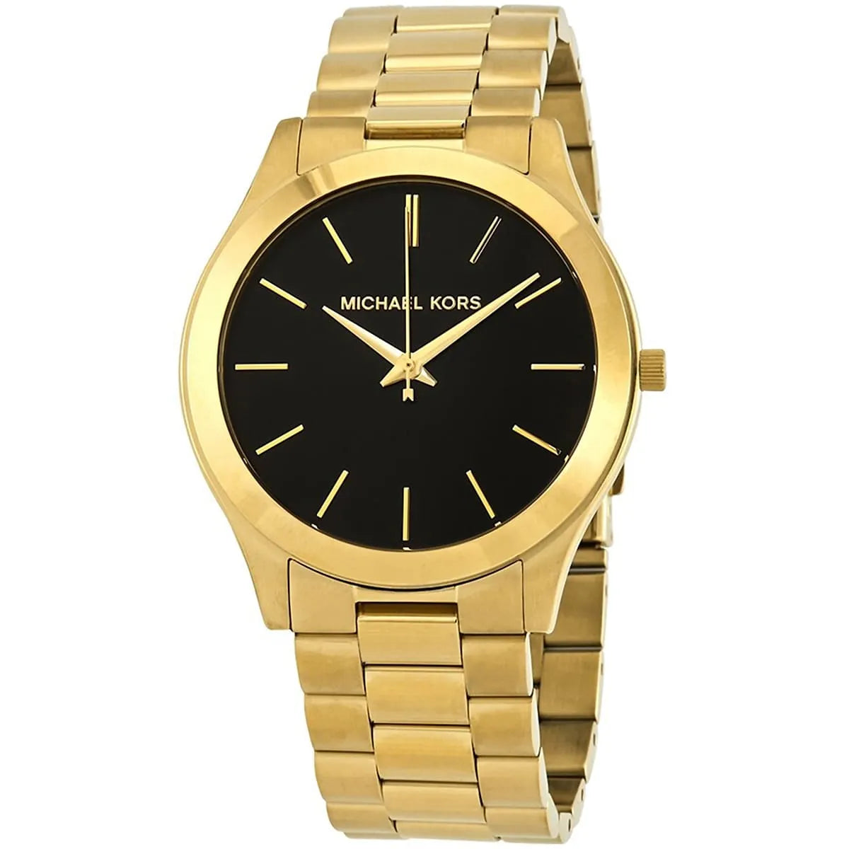 Three-quarter view of Michael Kors Runway MK8621 with black dial and gold bracelet