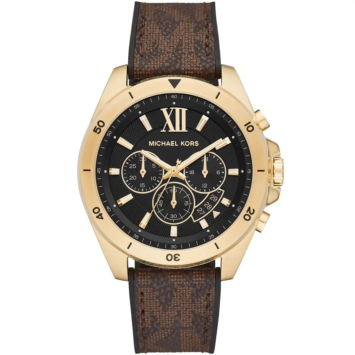 Michael Kors Brecken gold-tone chronograph watch with black dial and brown patterned strap