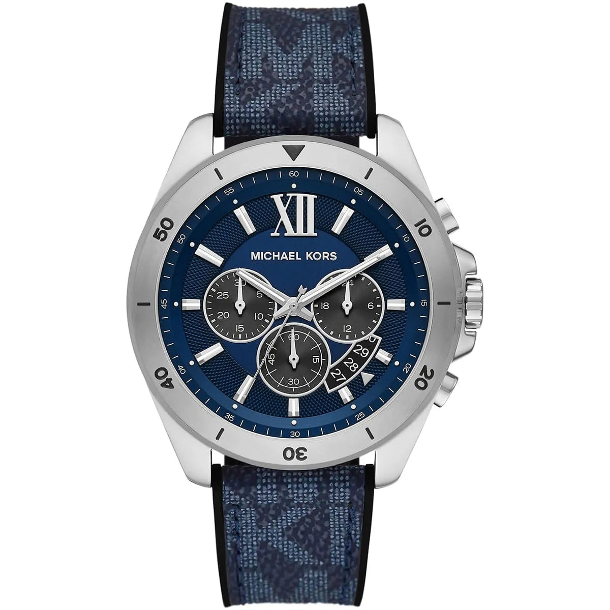 Michael Kors Brecken men's watch with blue dial, silver-tone case, and navy patterned rubber strap