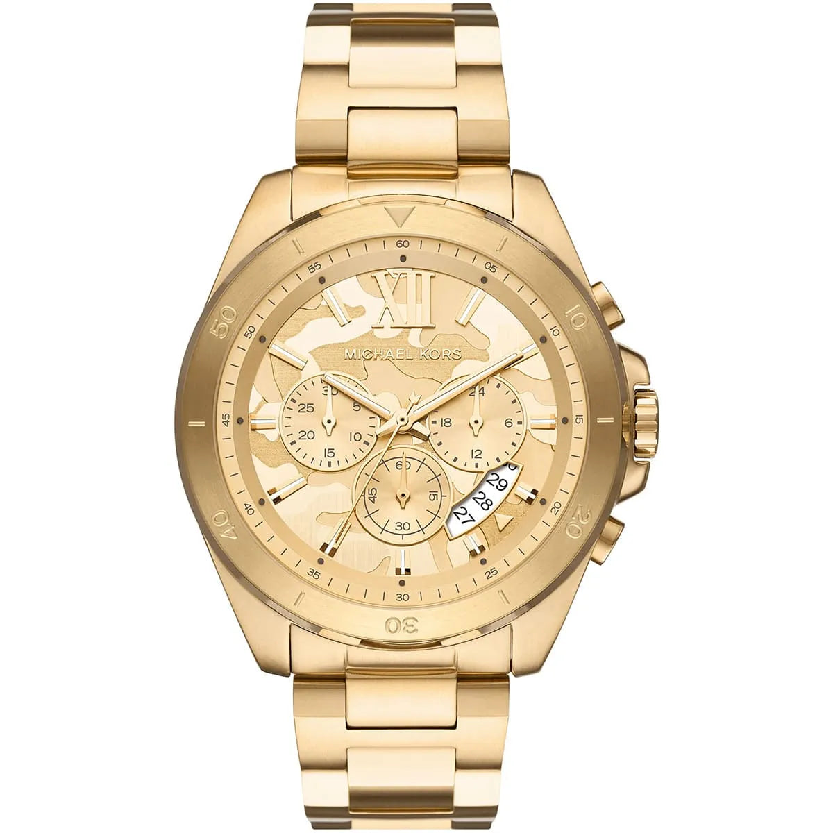 Michael Kors Brecken chronograph watch with gold-tone dial and stainless steel bracelet