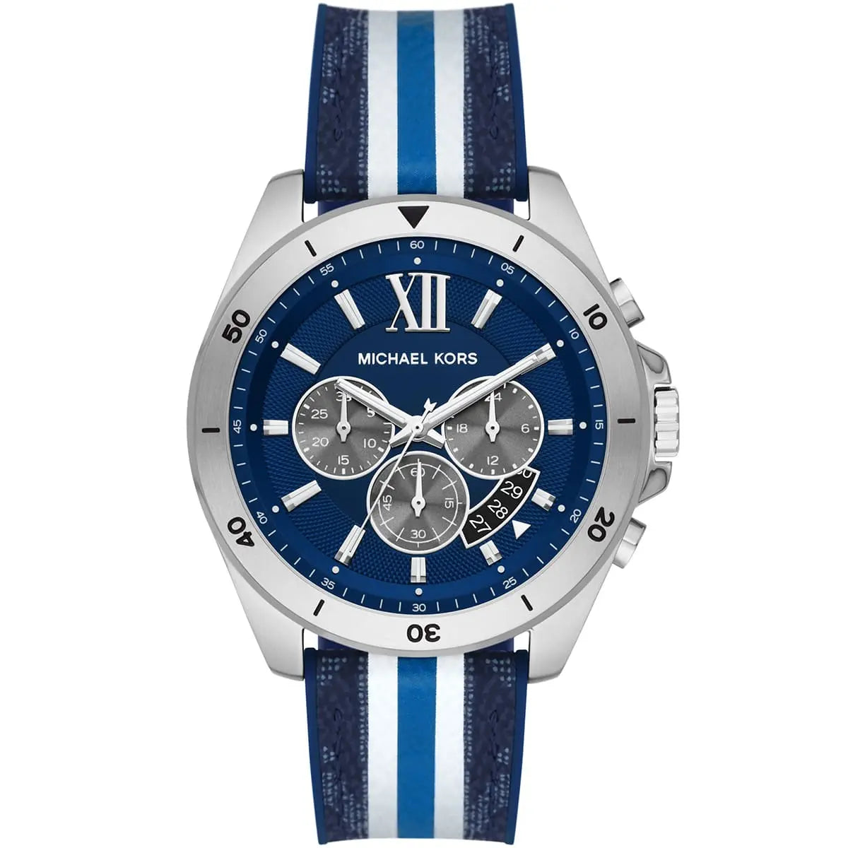 Michael Kors Brecken chronograph men's watch with navy blue dial and blue/white striped strap