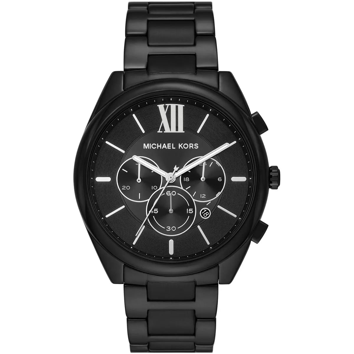 Michael Kors Janelle MK8993 black chronograph watch with black dial and metal strap