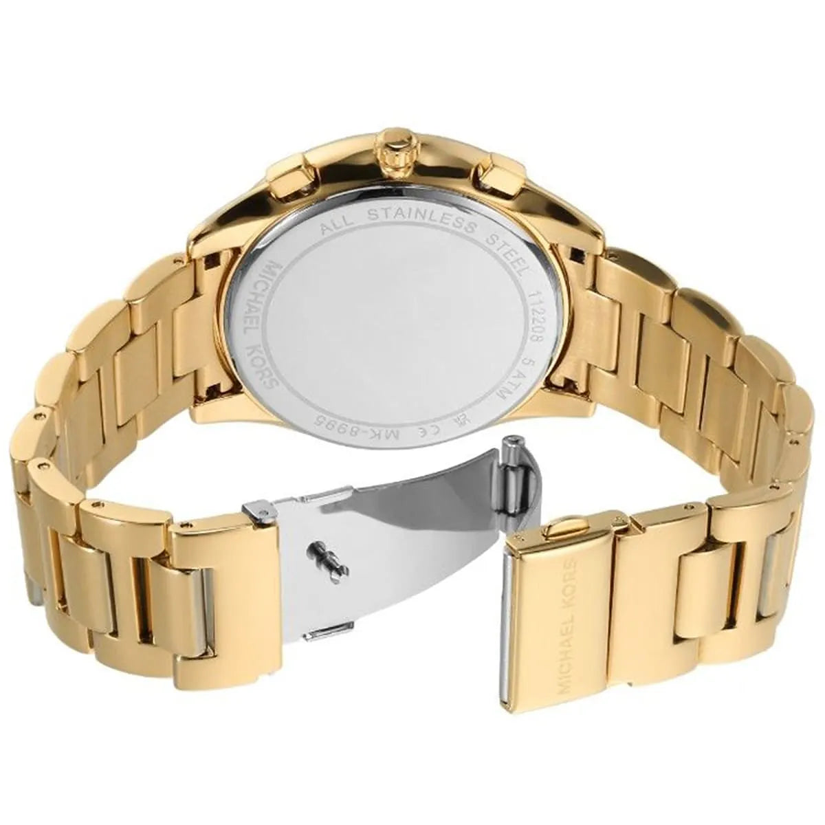 Back view of Michael Kors MK8995 gold chronograph watch with visible deployment clasp