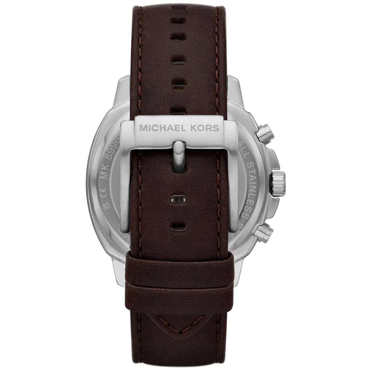 Back view of Michael Kors MK8996 watch showing case back, brown leather strap, and pushers