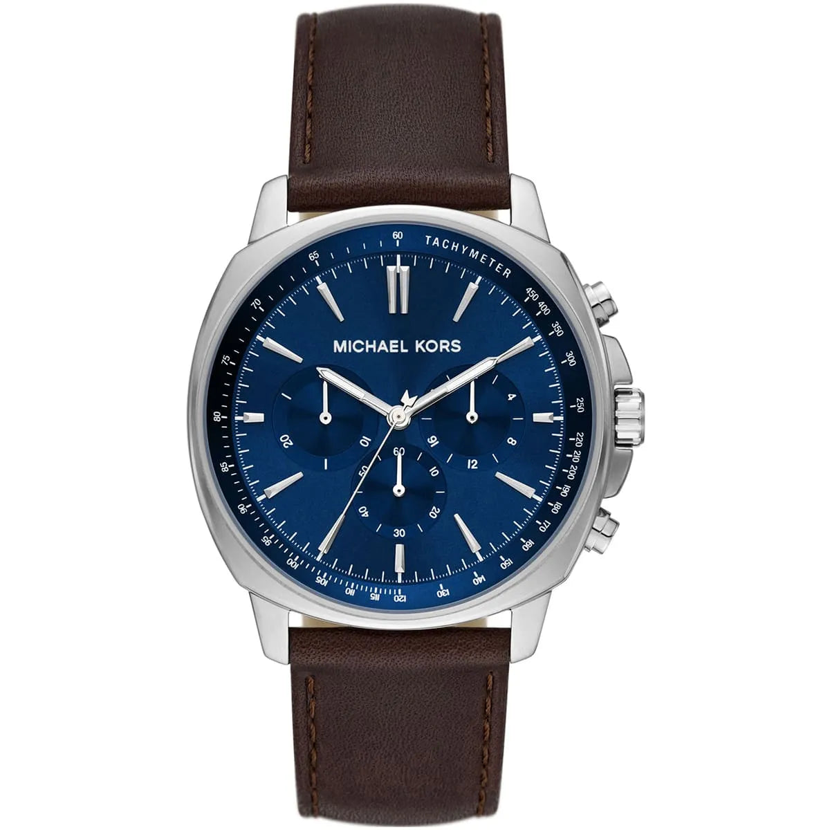 Michael Kors MK8996 quartz chronograph watch featuring blue dial, tachymeter bezel, and brown leather strap