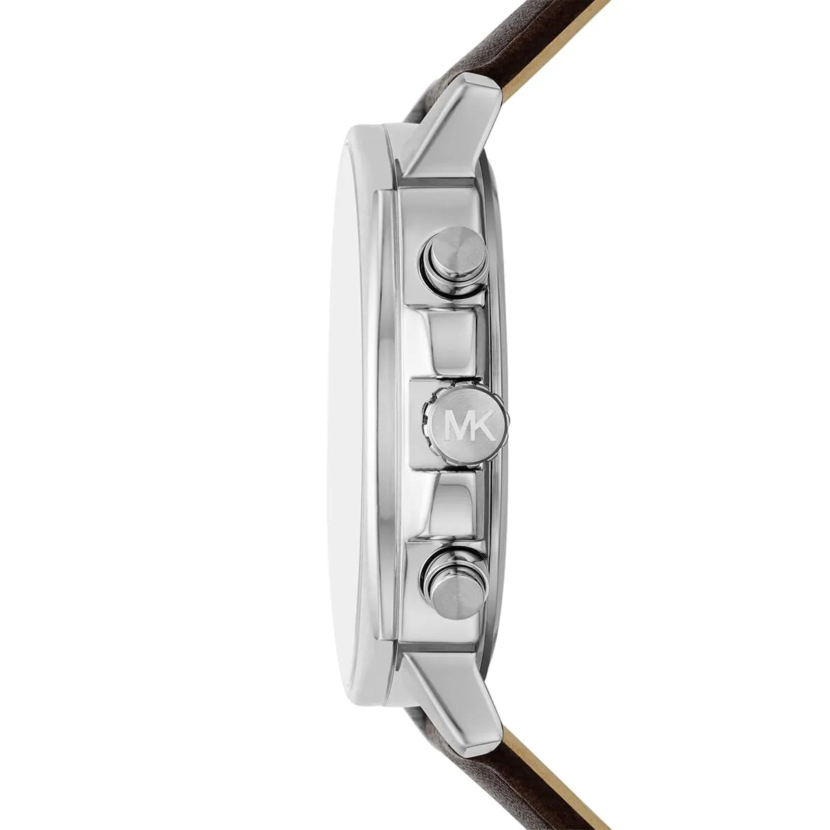 Side view of Michael Kors MK8996 watch showing pushers, MK logo, and brown leather strap