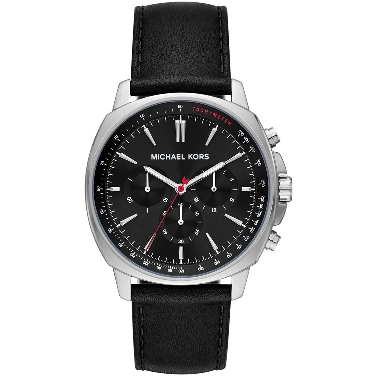 Michael Kors Sullivan men's chronograph watch with black dial and silver case on black leather strap