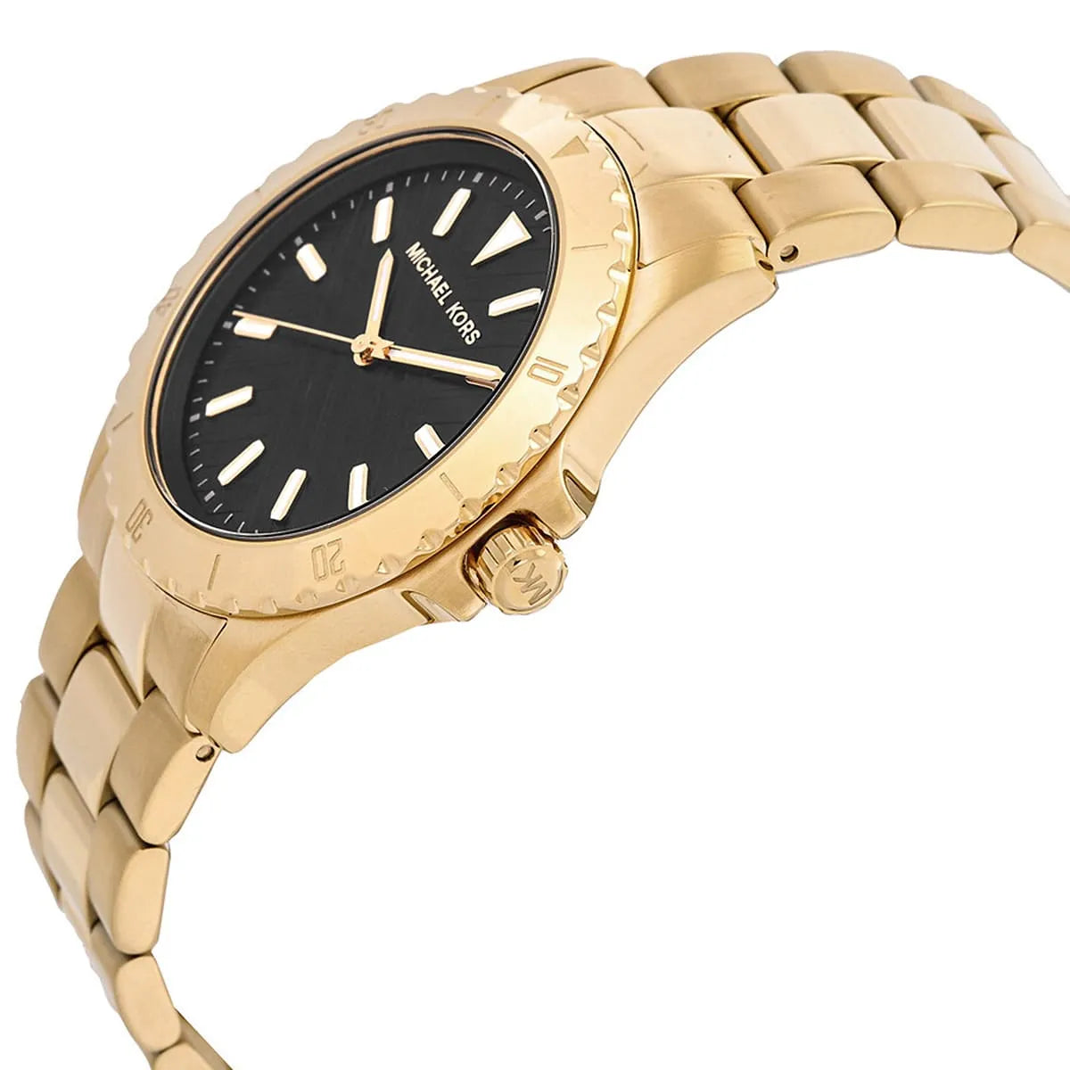 Side view of Michael Kors Everest watch with gold-tone stainless steel bracelet and crown