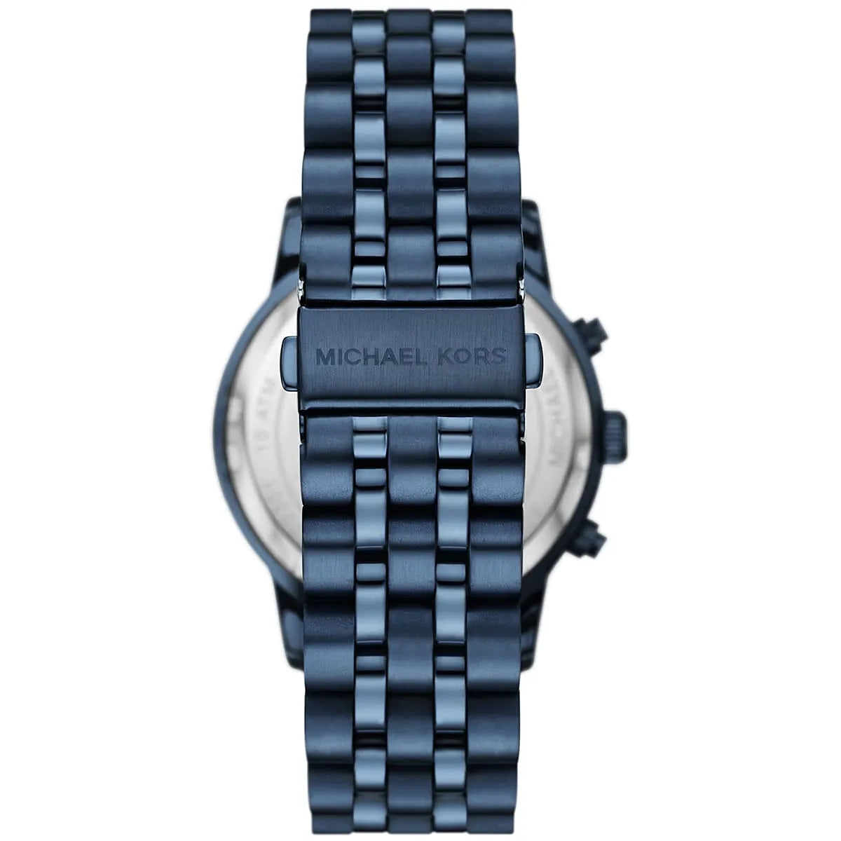 Michael Kors Hutton watch caseback showing stainless steel construction