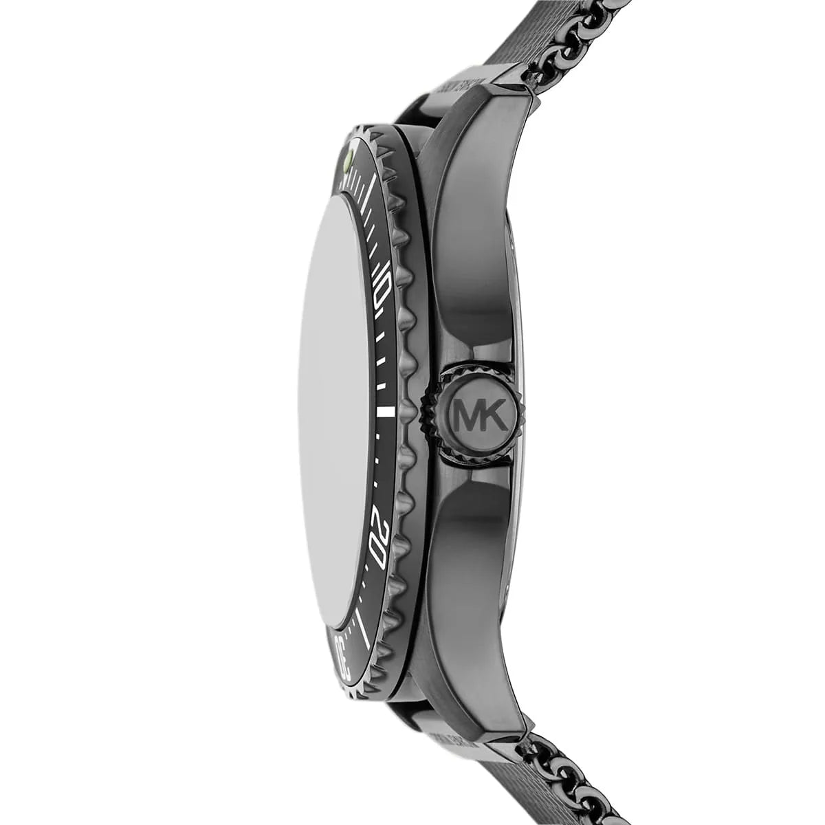 Michael Kors Everest gunmetal watch showing side profile with mesh strap and case