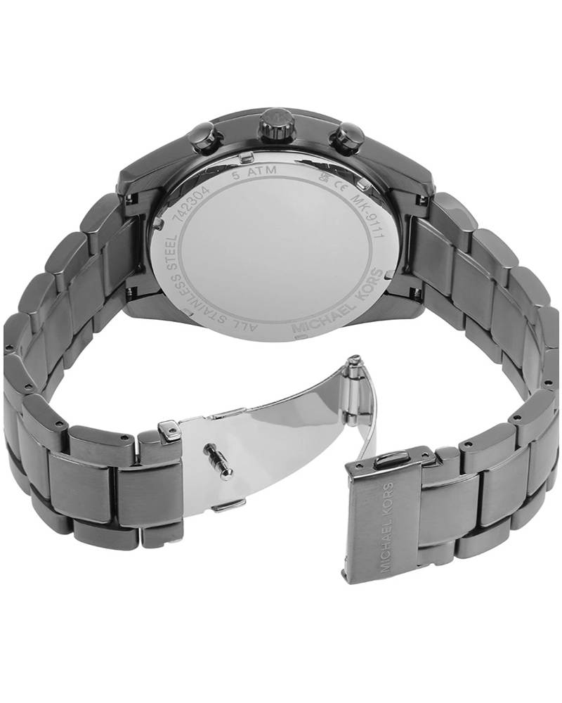Back view of MK9111 watch showing gunmetal caseback and metal bracelet