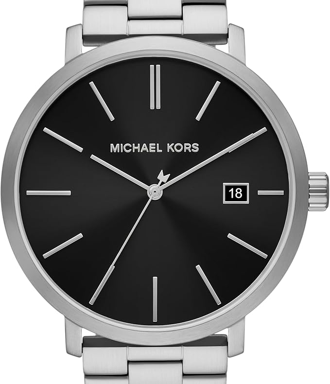Michael Kors MK9133 black dial detail with date window and silver hour markers