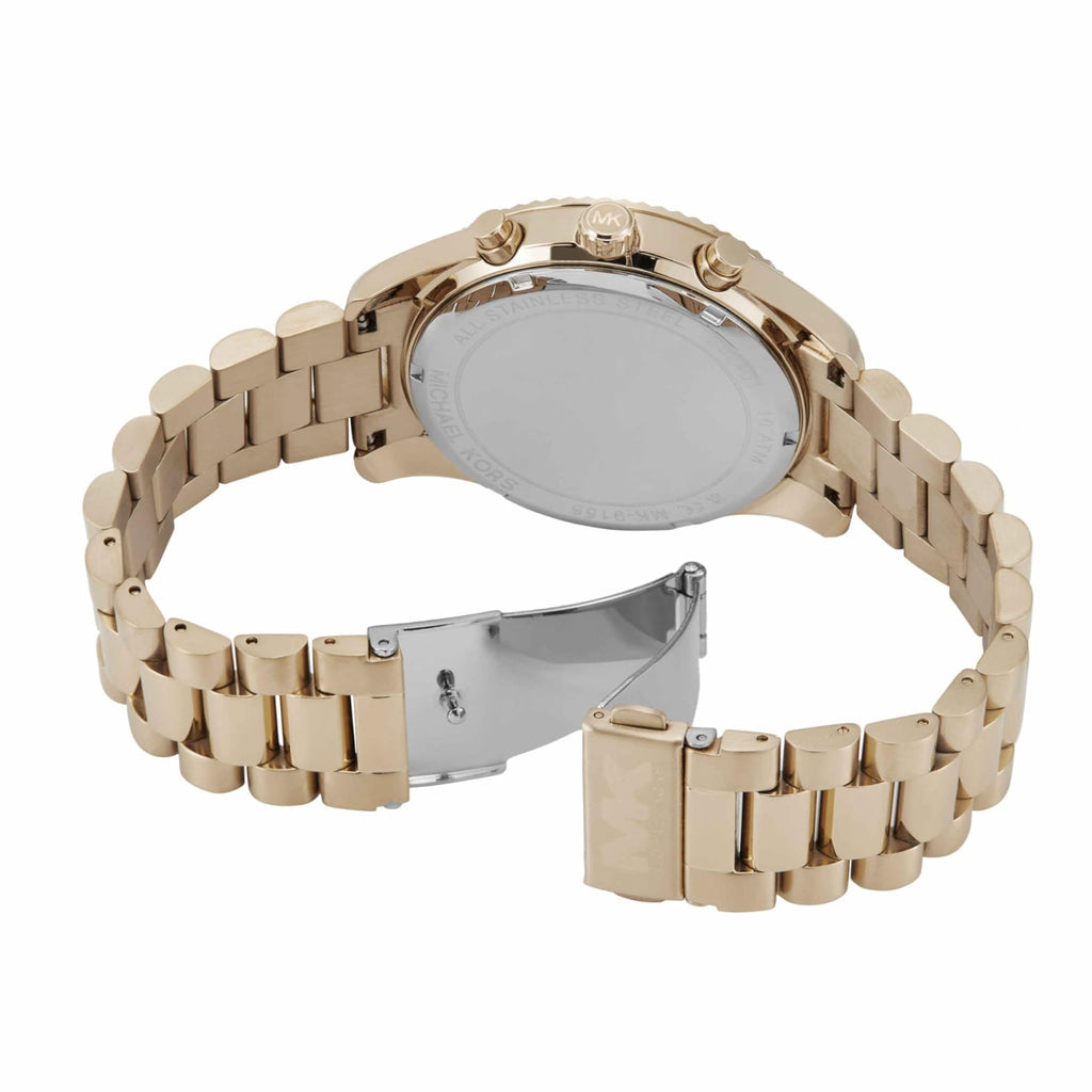 Angled view of MK9155 rose gold chronograph watch on bracelet showing three-dimensional case