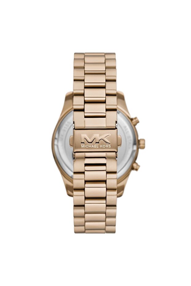 Caseback view of Michael Kors MK9155 rose gold watch with bracelet