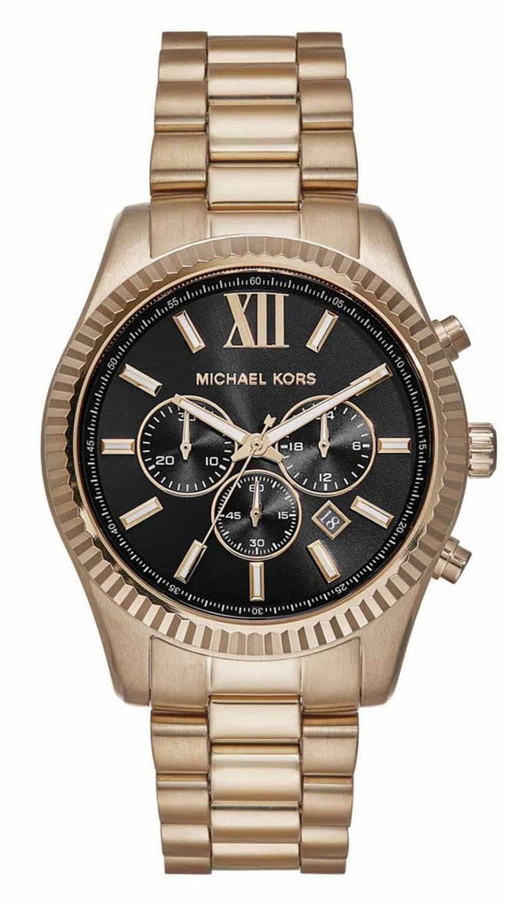 Michael Kors Lexington rose gold chronograph watch with black dial and rose gold-tone bracelet