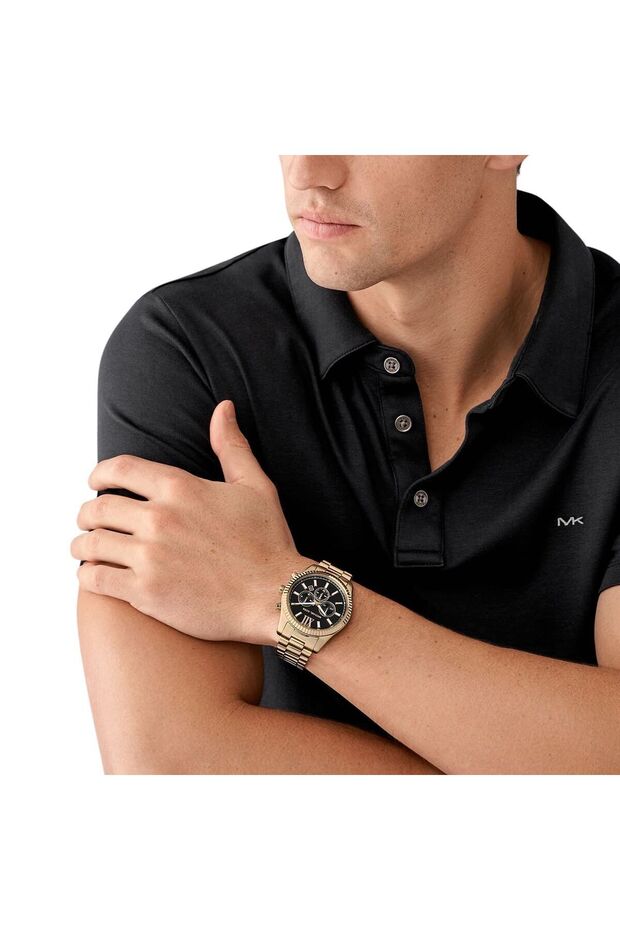 Michael Kors Lexington MK9155 rose gold chronograph watch worn on wrist
