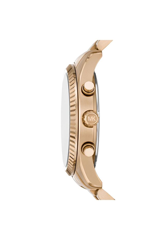 Side view of MK9155 rose gold watch showing chronograph pushers and case profile